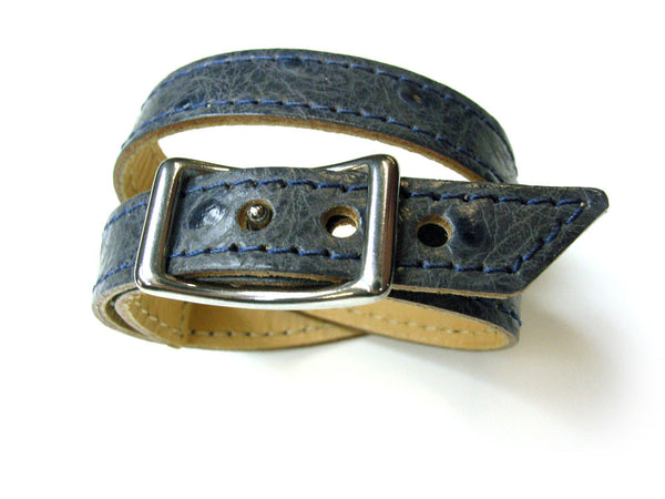 Double wrap cuff stainless steel buckle Blue embossed ostrich